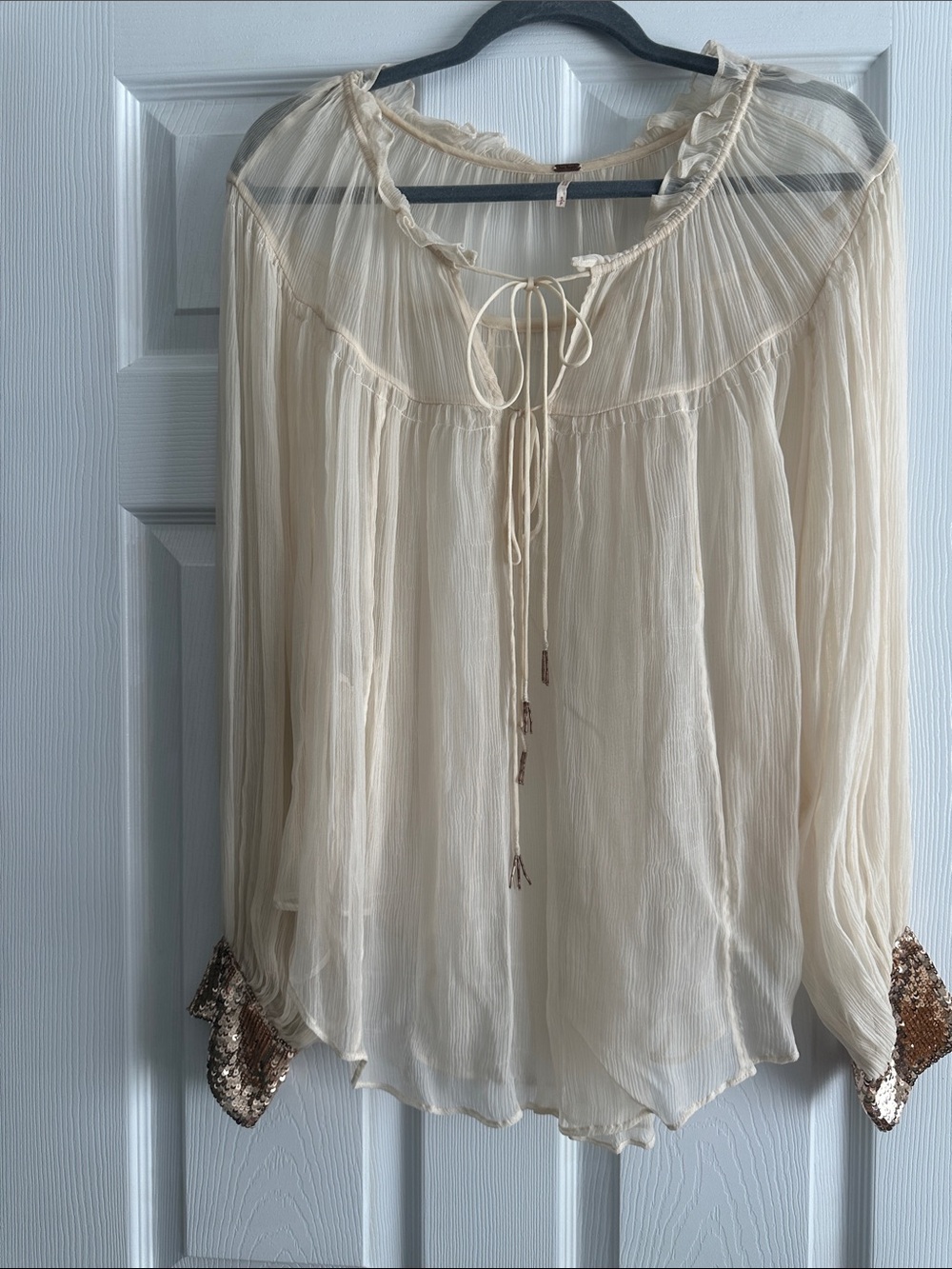 Free People Sheer Cream Tie-Neck Blouse with Sequin Cuffs